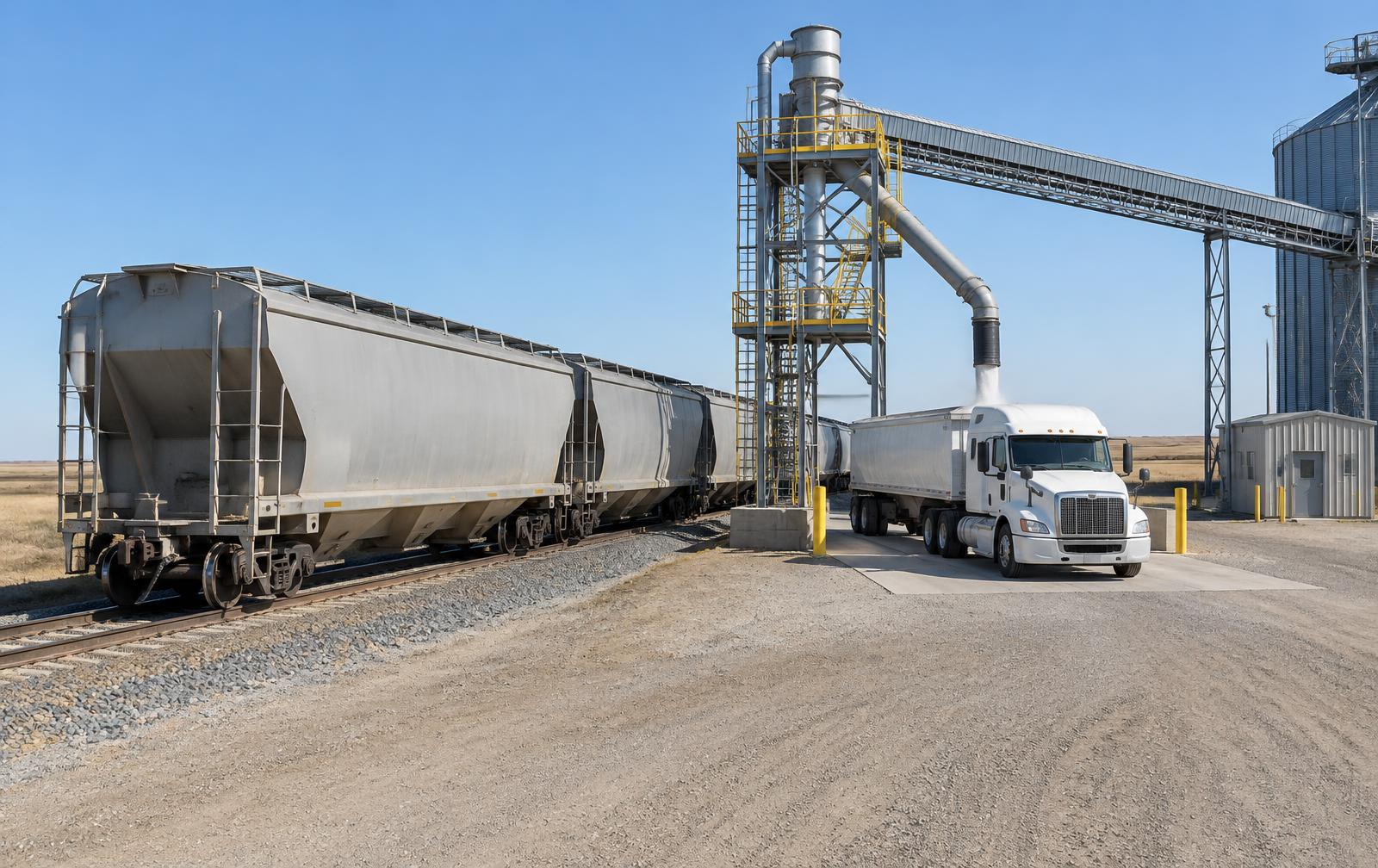 Hopper rail cars and a truck at a fertilizer transload facility